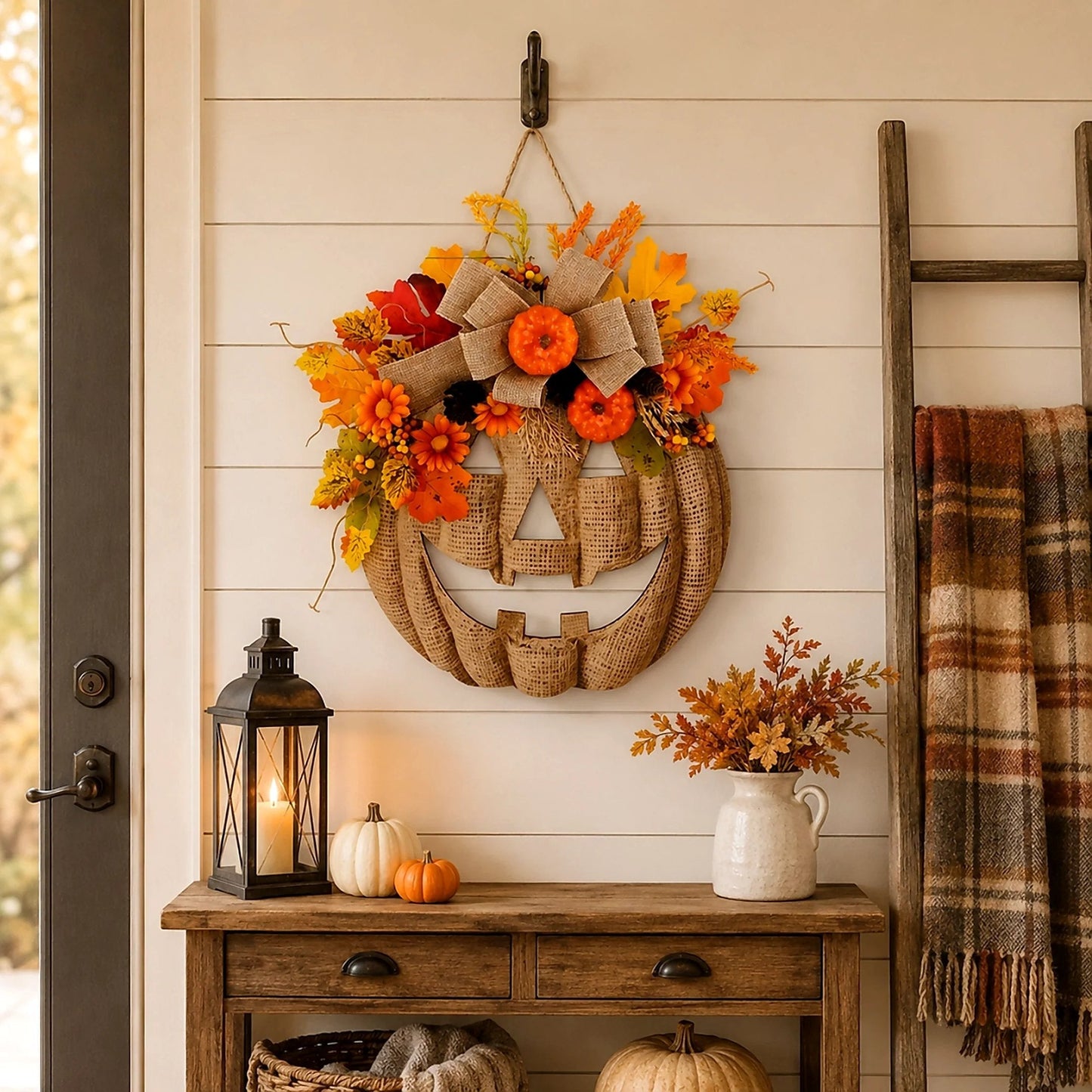 ✨ Lighted Burlap Pumpkin Wreath 🎃