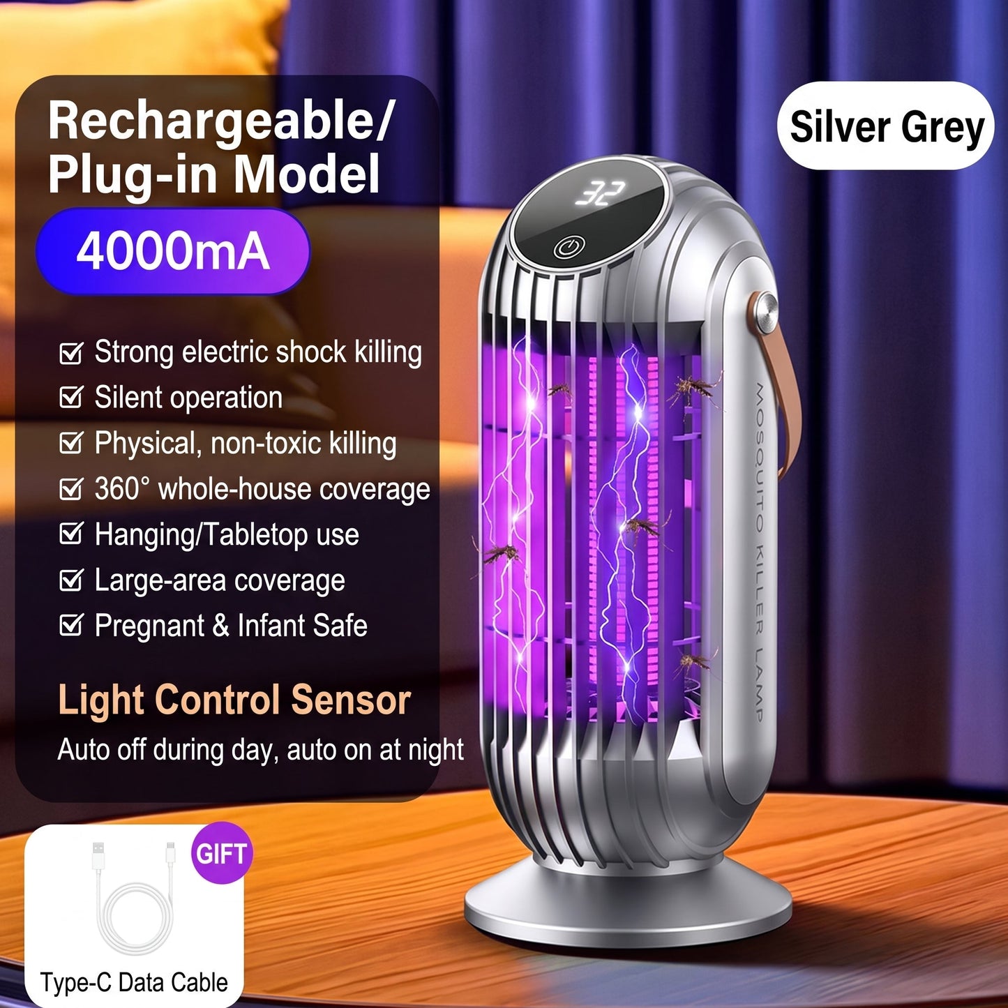 ⏳Portable Dual-Sided UV Mosquito Killer Lamp with CO₂ Attraction, 4000mAh Rechargeable Battery, USB Type-C Charging, Dusk-to-Dawn Sensor for Indoor & Outdoor Use, Patios, Bedrooms and Camping🦟🌙✨