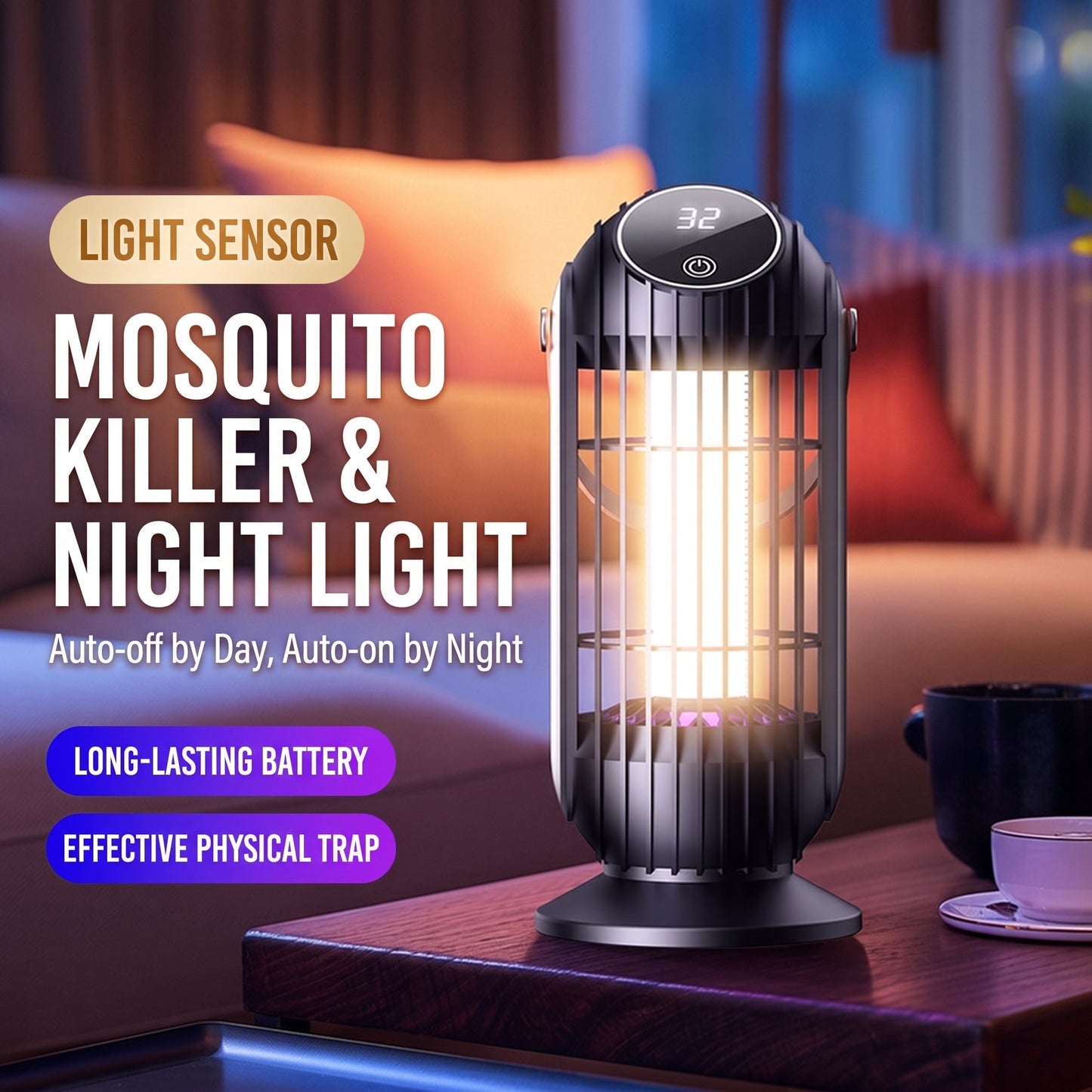 ⏳Portable Dual-Sided UV Mosquito Killer Lamp with CO₂ Attraction, 4000mAh Rechargeable Battery, USB Type-C Charging, Dusk-to-Dawn Sensor for Indoor & Outdoor Use, Patios, Bedrooms and Camping🦟🌙✨