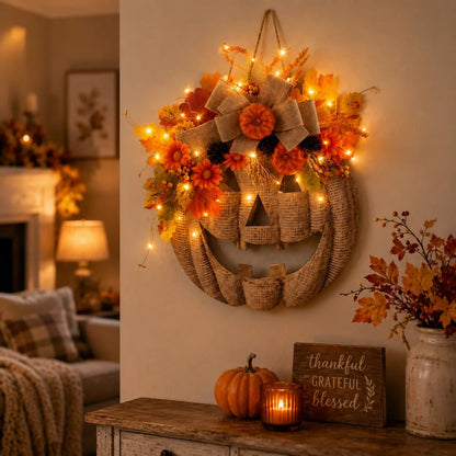 ✨ Lighted Burlap Pumpkin Wreath 🎃
