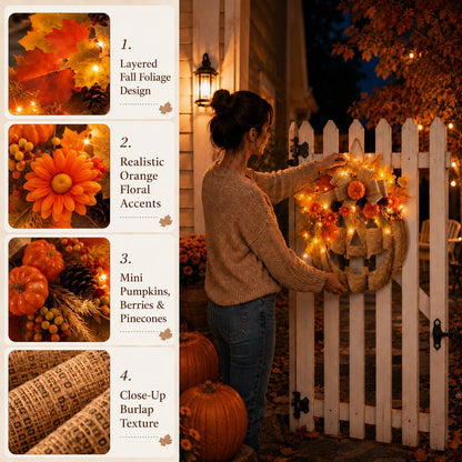 ✨ Lighted Burlap Pumpkin Wreath 🎃