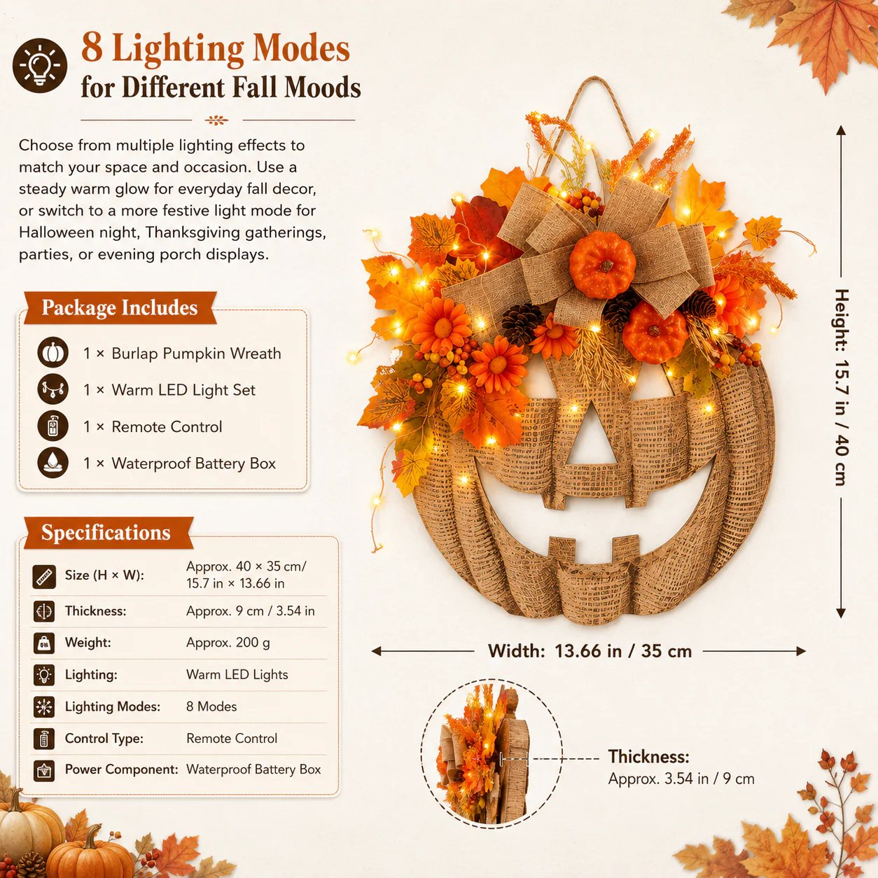 ✨ Lighted Burlap Pumpkin Wreath 🎃