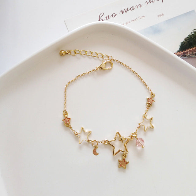 Japan Korea Star Moon Bracelet For Women Fashion Crystal Pearl Chain Jewelry
