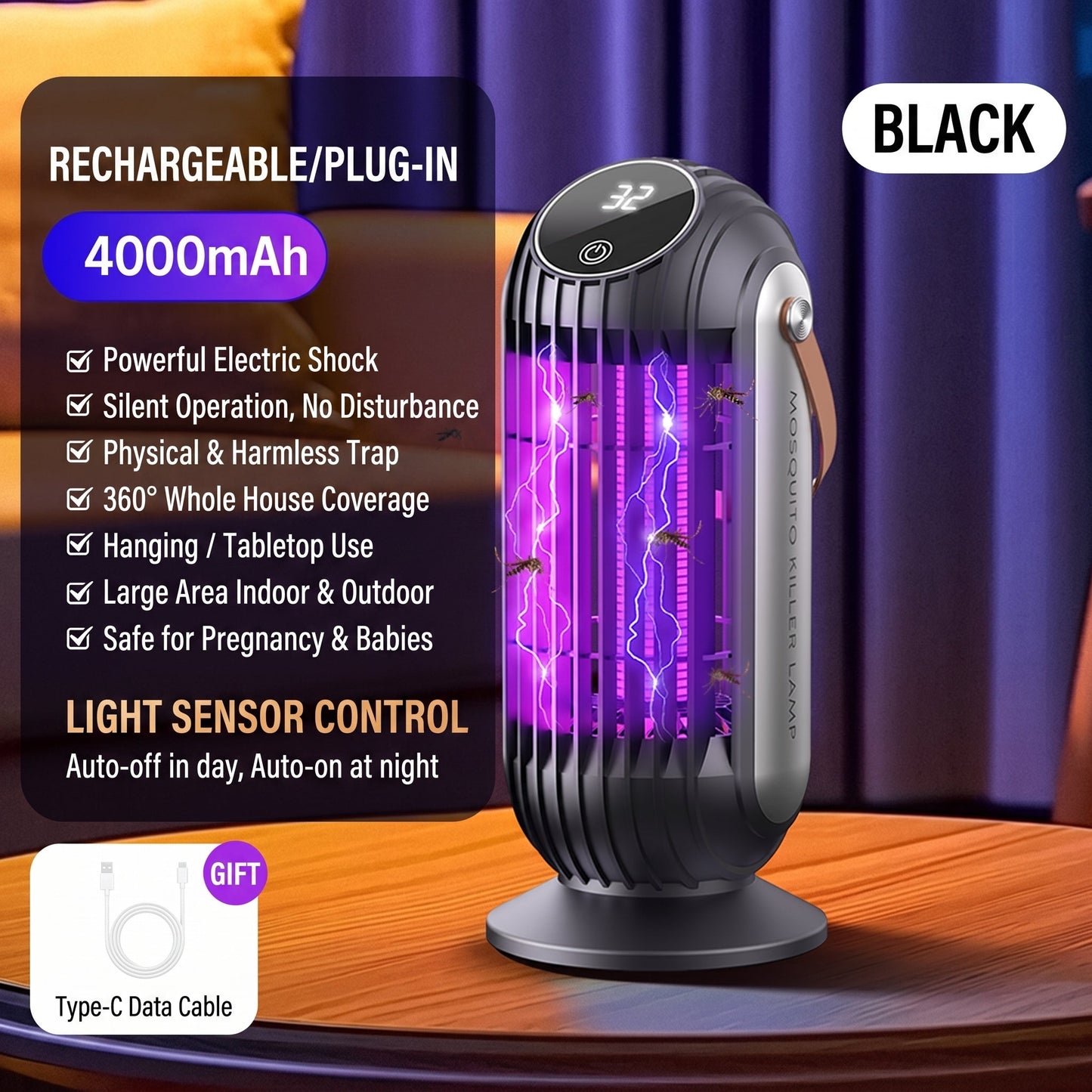 ⏳Portable Dual-Sided UV Mosquito Killer Lamp with CO₂ Attraction, 4000mAh Rechargeable Battery, USB Type-C Charging, Dusk-to-Dawn Sensor for Indoor & Outdoor Use, Patios, Bedrooms and Camping🦟🌙✨