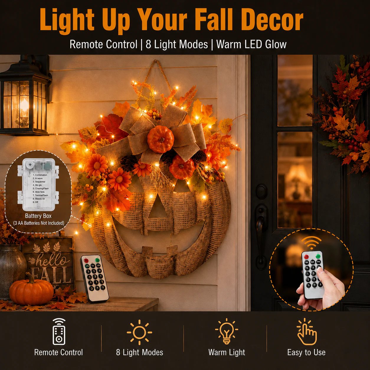 ✨ Lighted Burlap Pumpkin Wreath 🎃